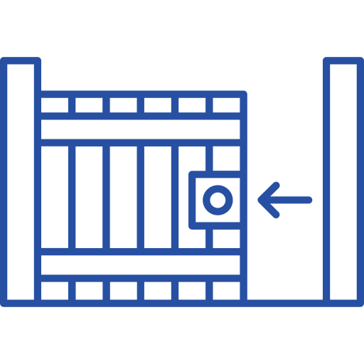Blue line icon of a sliding gate with an arrow pointing left