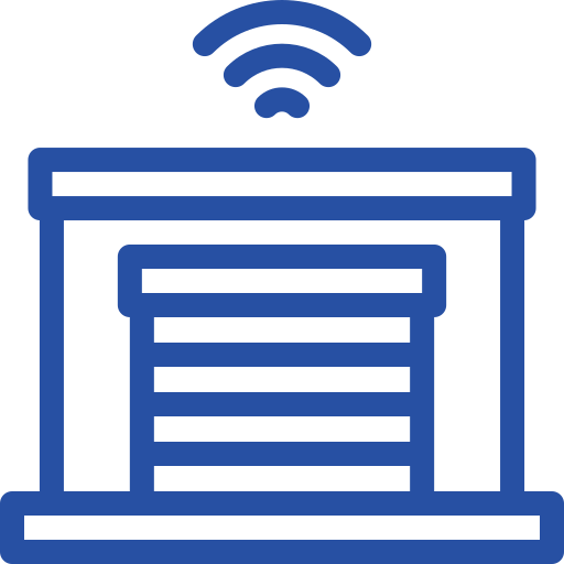 Blue icon of a smart garage with a closed door and Wi-Fi signal.