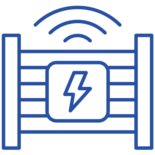 Blue icon of an electric fence with a lightning bolt and Wi-Fi signal.