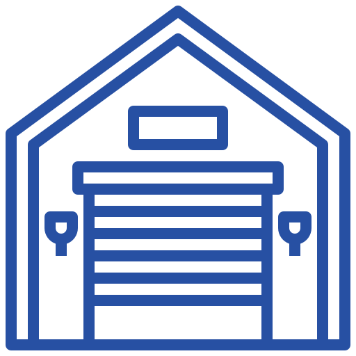 Blue line icon of a warehouse with a closed garage door.
