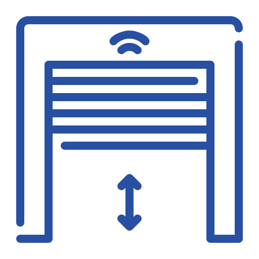 Blue icon of an automatic garage door opening and closing