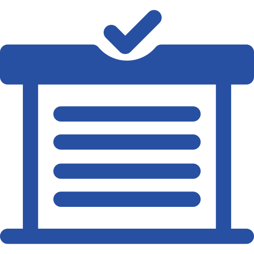 Blue icon of a document with a checkmark on top