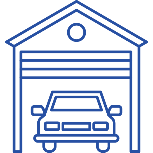 Blue line art icon of a car inside a garage with its door open.