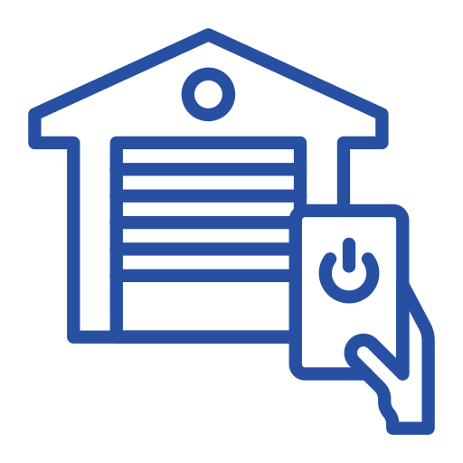 Blue icon of a smart garage with a remote control in a hand.