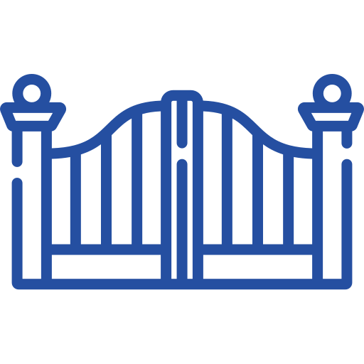 Blue line art icon of a closed double gate with two pillars.