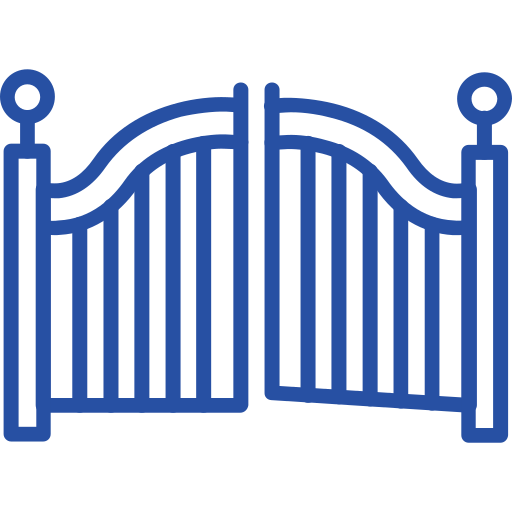 Blue outline icon of a double gate, slightly ajar, on a white background.