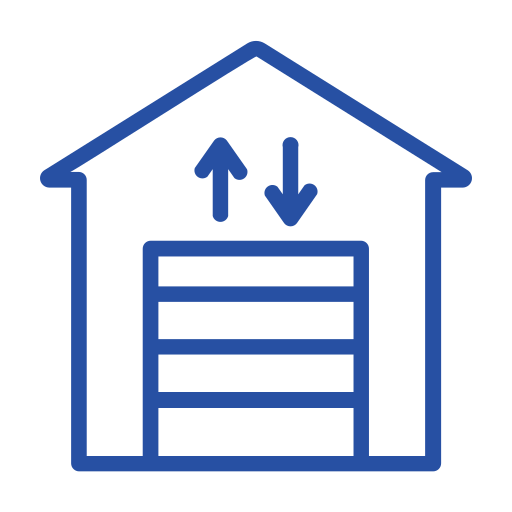 Blue line icon of a warehouse with a garage door and arrows